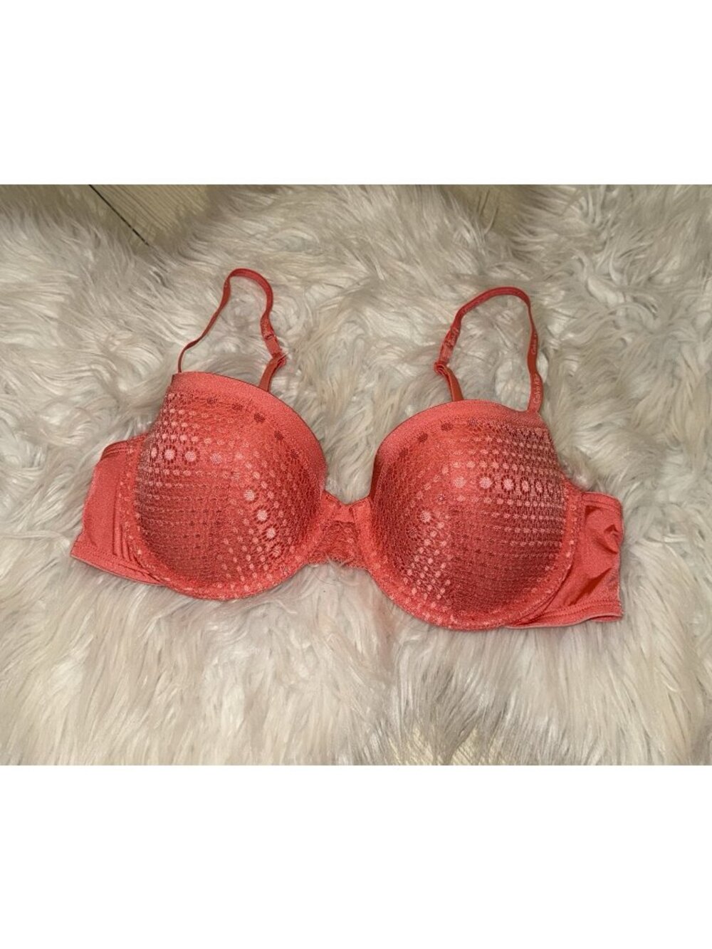 Calvin Klein CK One F3829 Lace Balconette Bra Lined UW Womens 36B Coral Pink